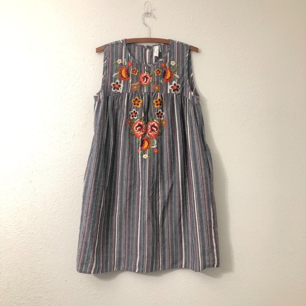 L Love Multicolor Stripe Embroidered Floral Side Pockets Dress Size Medium NWOT